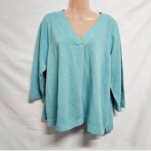 J. Jill Purejill Top Blouse Shirt Women XL Blue Terry V Neck 3/4 Sleeves Cotton